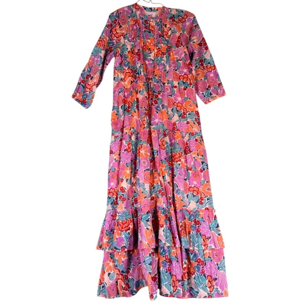 Banjan An Bohemian Floral Tiered Maxi Dress Pink Orange Long Sleeve Lined Size M